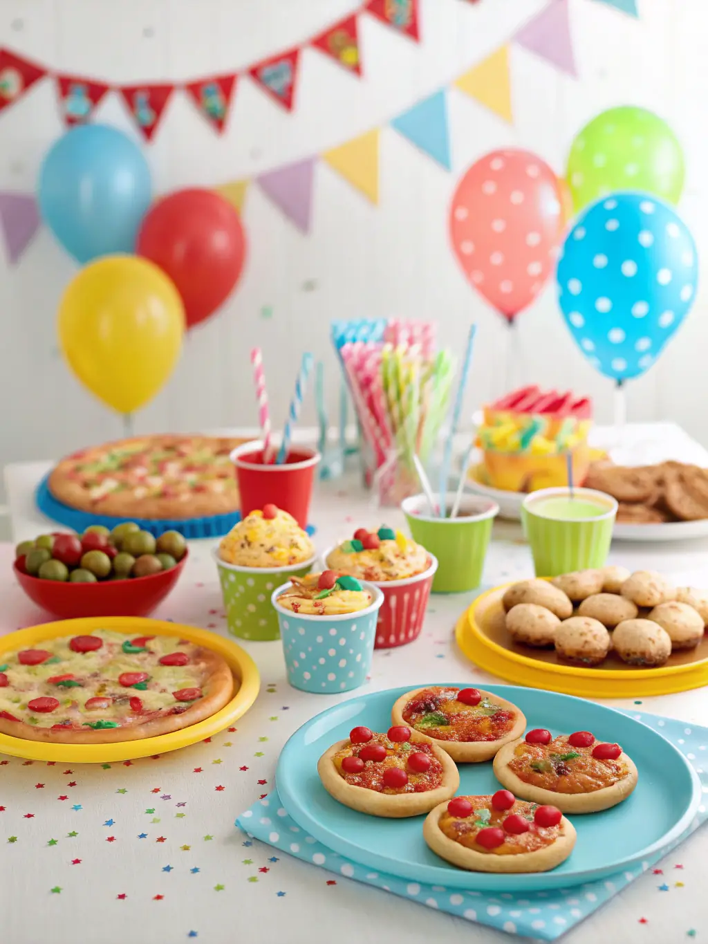 A vibrant and colorful display of Eavy's Incredible Edibles kreative treats, including decorated sugar cookies, rainbow cupcakes, and cake pops, arranged for a catering event.