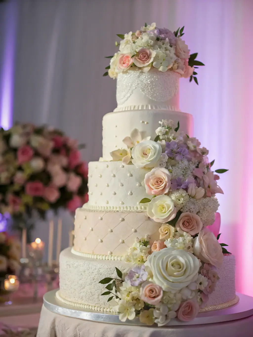 A tiered display of Eavy's Incredible Edibles cakes, pies, and kreative treats, showcasing a comprehensive catering package for an anniversary celebration.